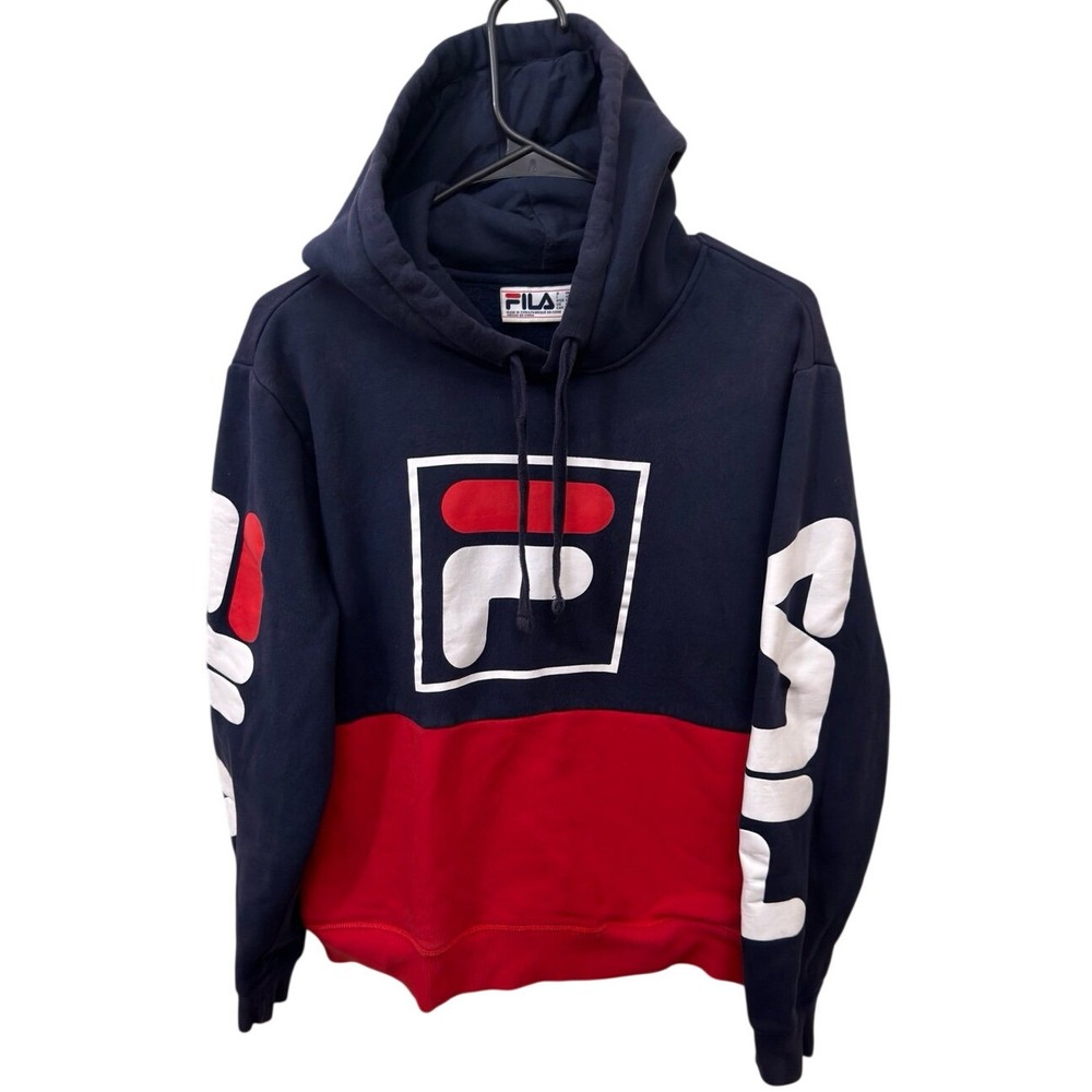 Fila Mens Hoodie Navy Blue Red Colorblock Graphic Sleeve Logo Sweatshirt Small